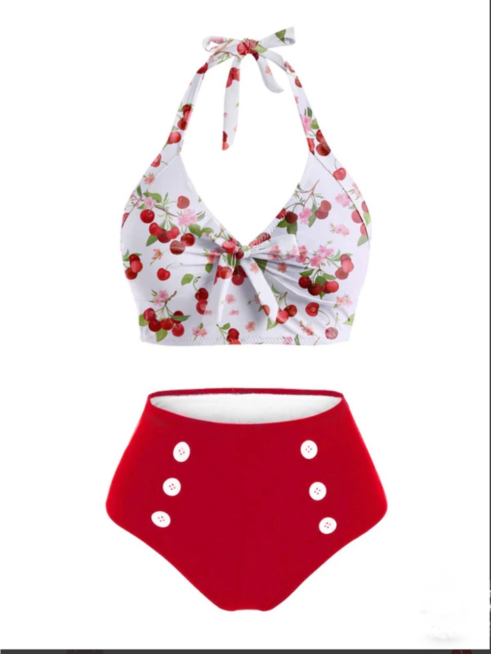 Retro Stage 1950s Patchwork Cherry High-Waist Bikini Set